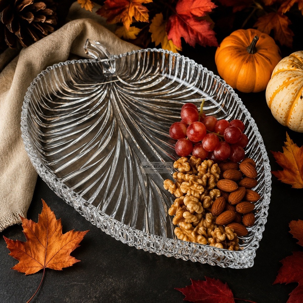 Home Beautiful Crystal Glass Leaf Serving Platter Dish Japan Fall Autumn Cottage